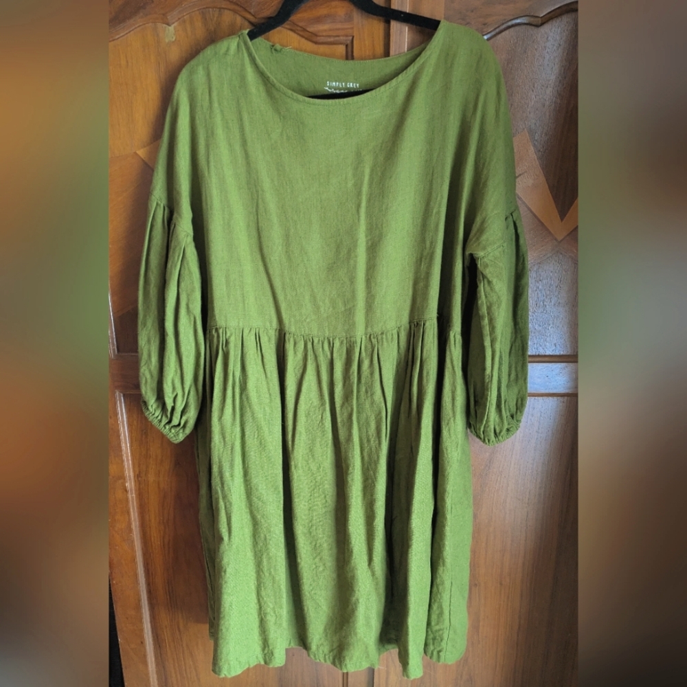 SimplyGrey Moss Green Linen Puff Sleeve Dress